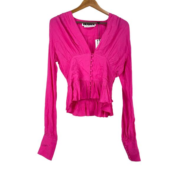 Rotate Birger Christensen NWT Tracy Peplum Top Size 4 Barbie Pink Ruched V-Neck - Picture 5 of 16